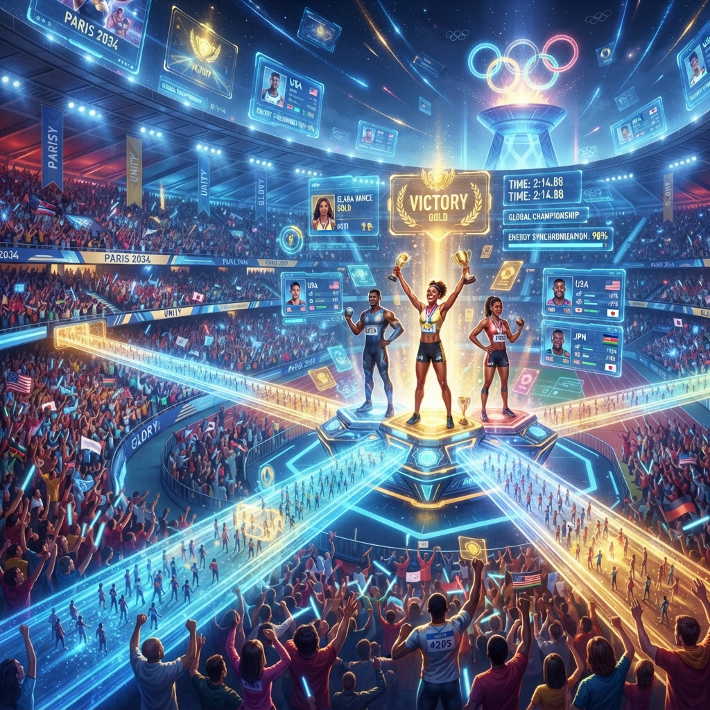 Athlete in an arena receiving visual messages from a diverse community of fans, represented by organized Energy Cards.
