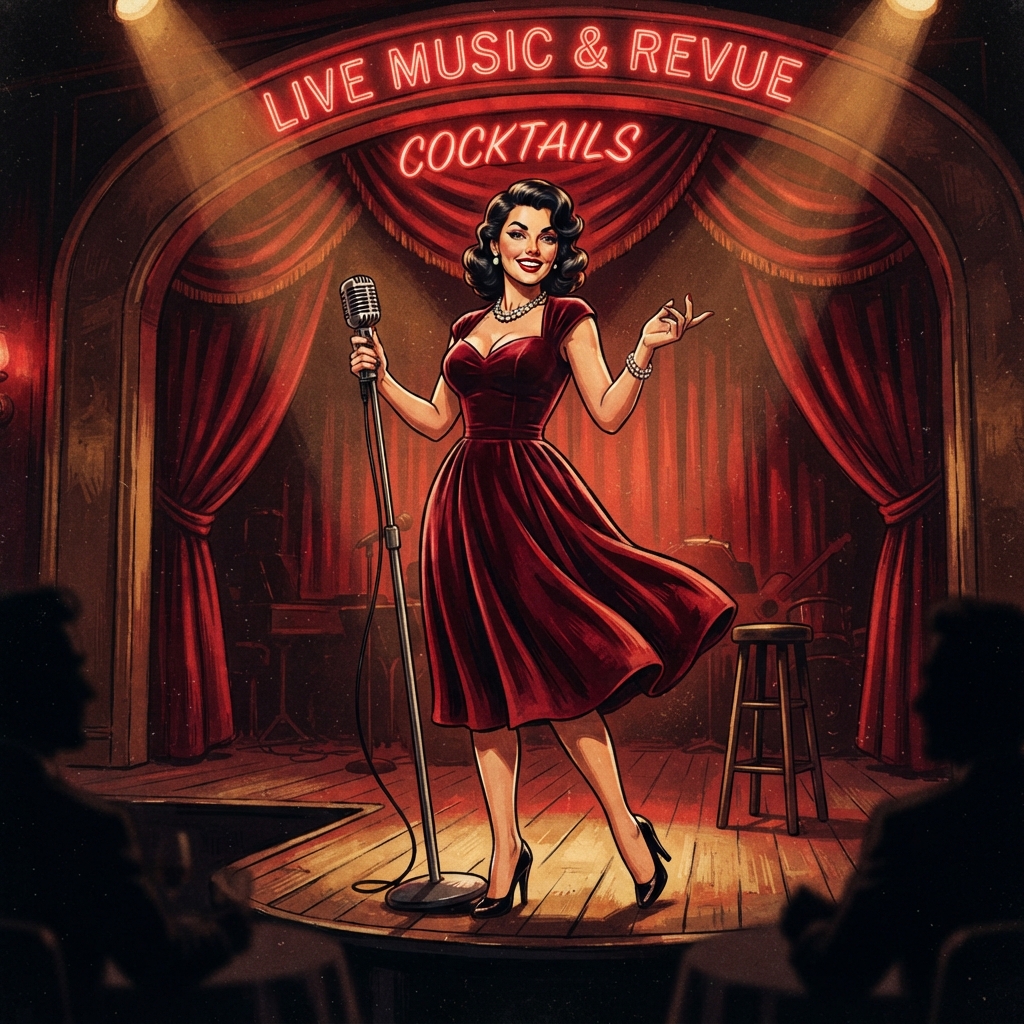 Artwork from the Spotlight Showdown Energy Card, showing a singer on a red-lit stage.