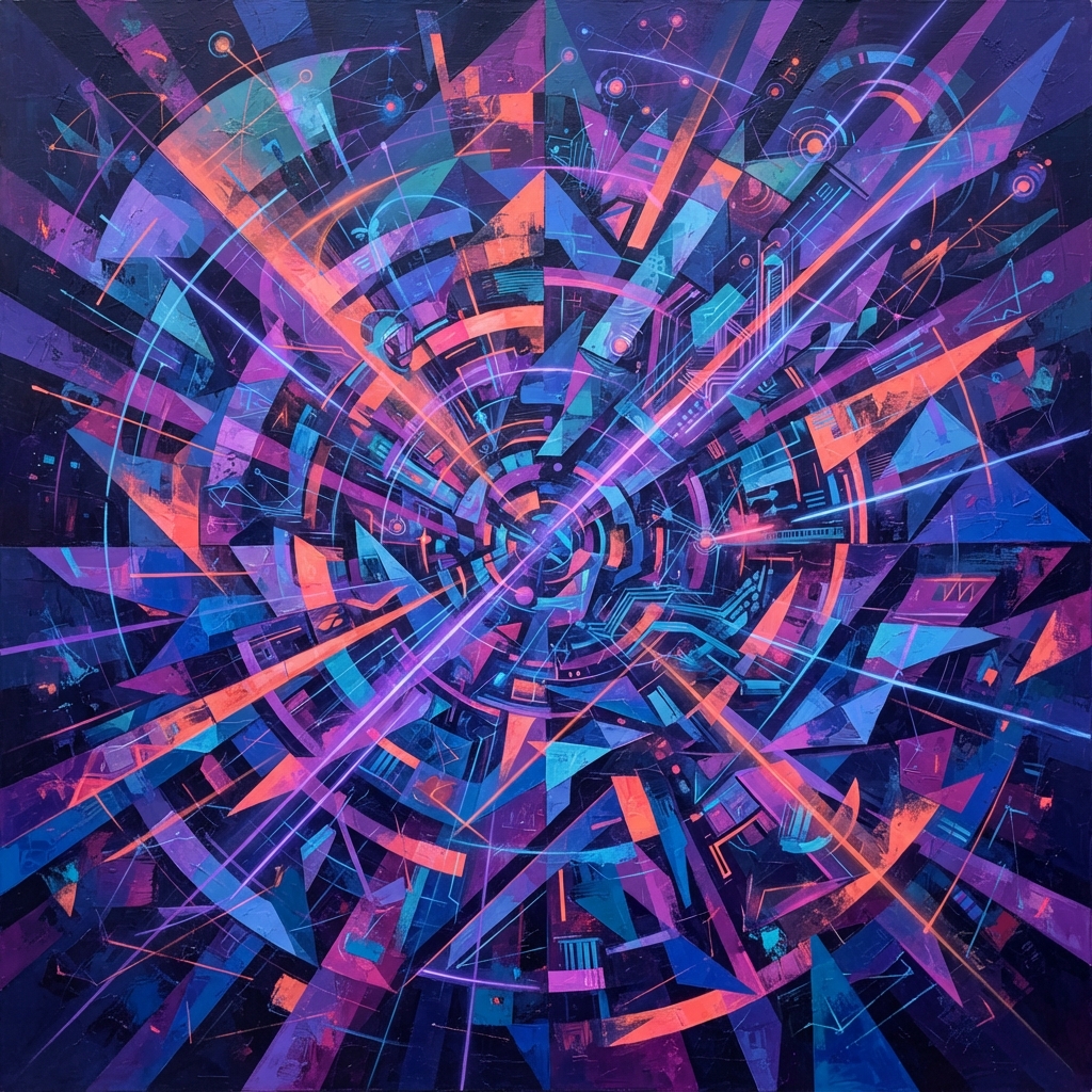 Perpetual Momentum, a Cubist artwork: blue, violet, and coral geometric shapes expand in a spiral, evoking connection and continuity.