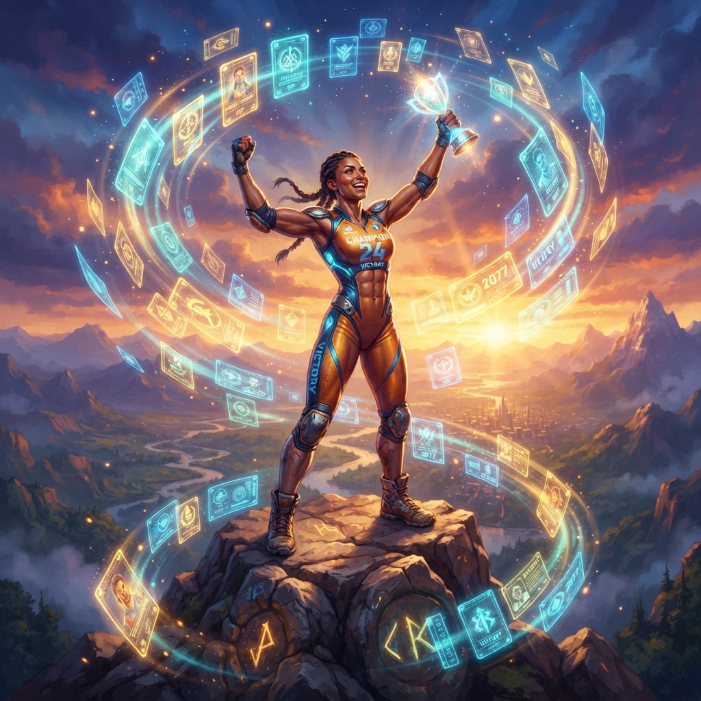 Athlete in motion surrounded by Energy Cards representing training sessions, achievements, and moments from a sporting journey.