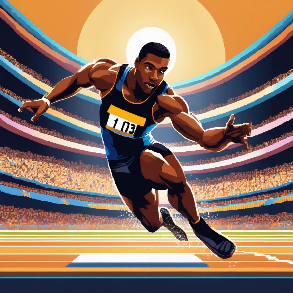 Pixel-art illustration of a Black athlete in mid triple jump inside a brightly lit stadium, in tribute to João do Pulo.
