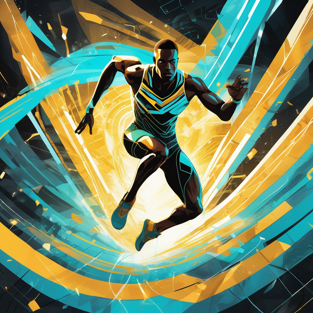 Science-fiction-style digital illustration of a Black athlete mid-jump, surrounded by dynamic turquoise, gold and black shapes, in tribute to João do Pulo.