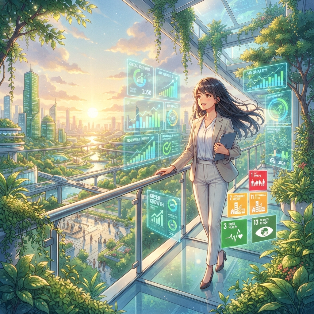 A team gathered for a corporate sustainability initiative, surrounded by a visual composition of cards documenting different stages of the project.