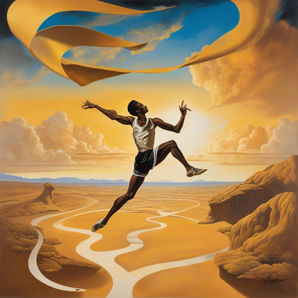 Surrealist illustration of a Black athlete mid-jump above a golden landscape, with winding paths and floating ribbons in the sky, in tribute to João do Pulo.