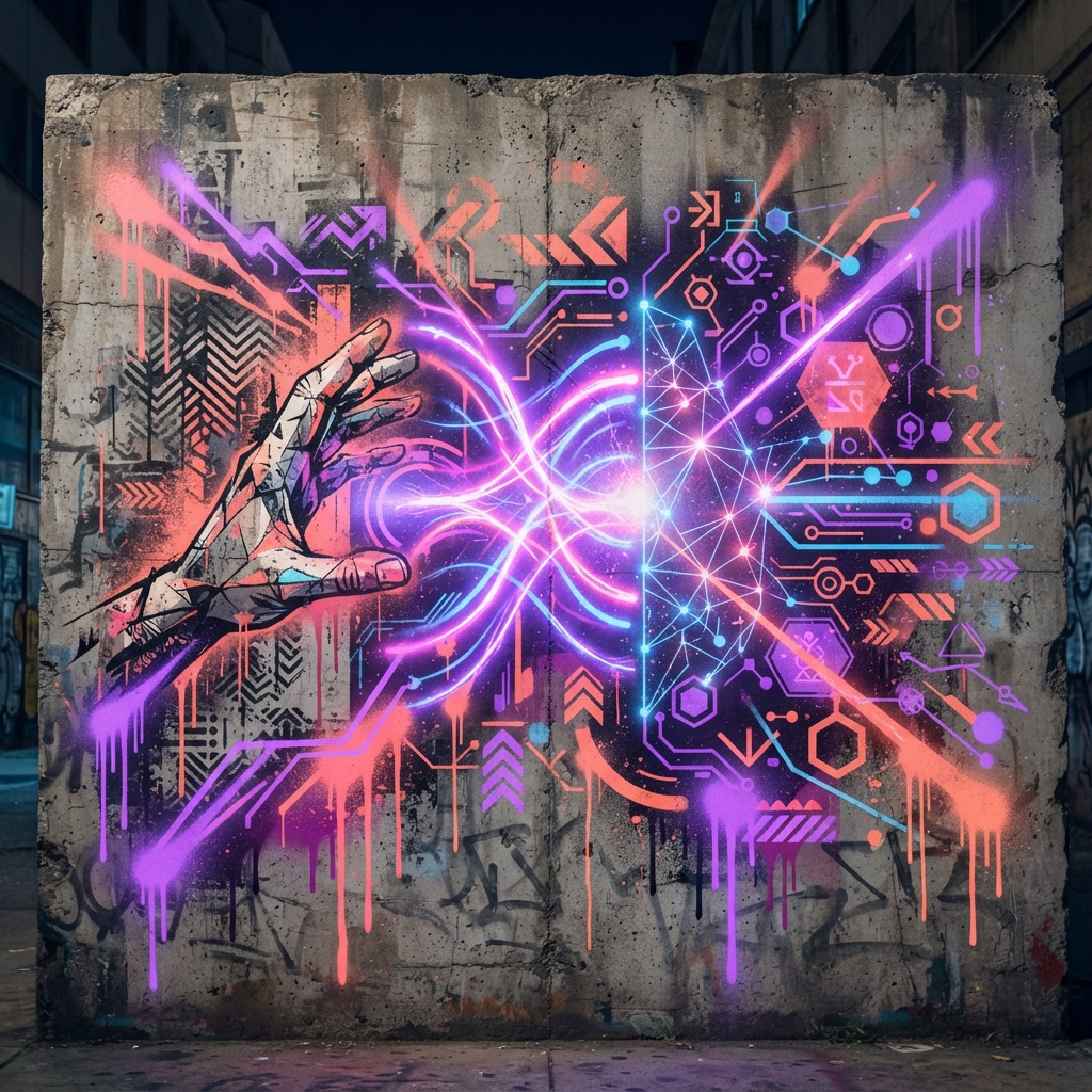 Colorful urban artwork connecting physical and digital elements in a participatory journey