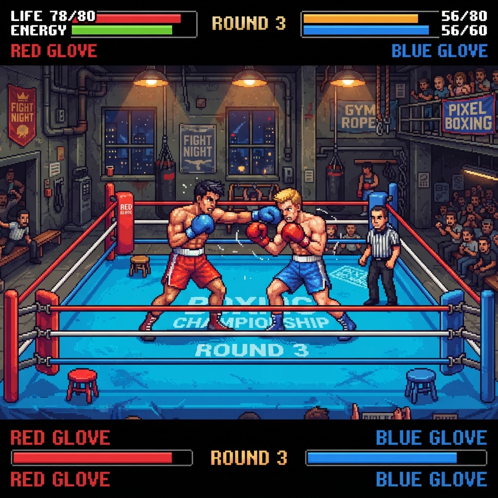 Pixel-art Energy Card showing two boxers in the ring during the third round.