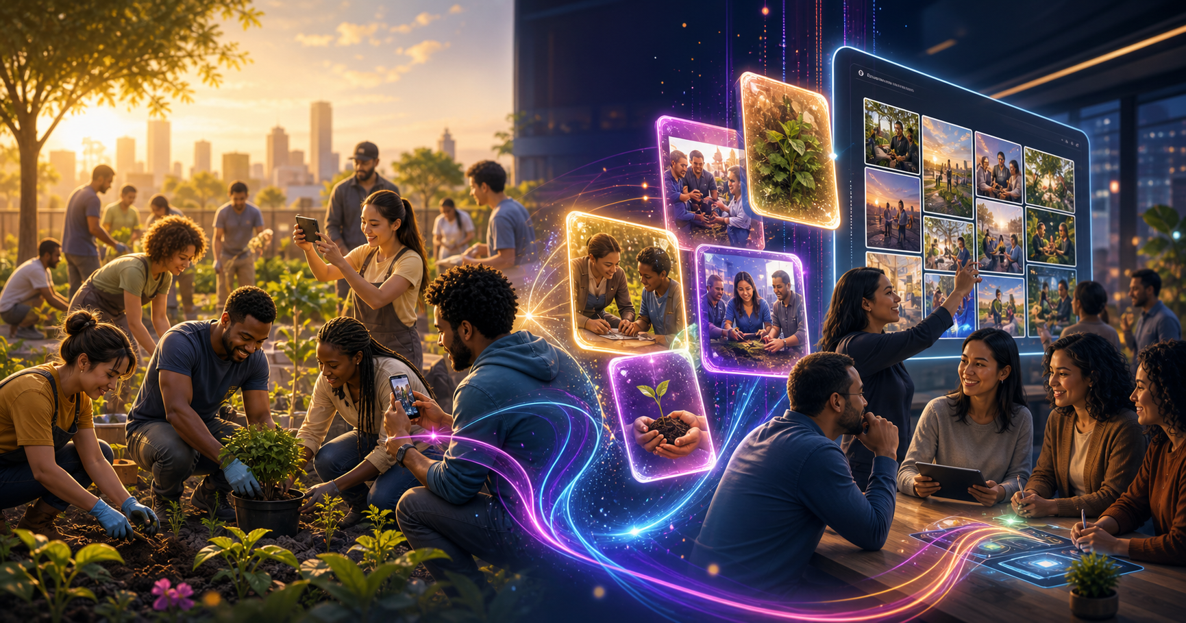 Corporate volunteers take part in a community initiative while moments become Energy Cards organized in a PicFlow album.