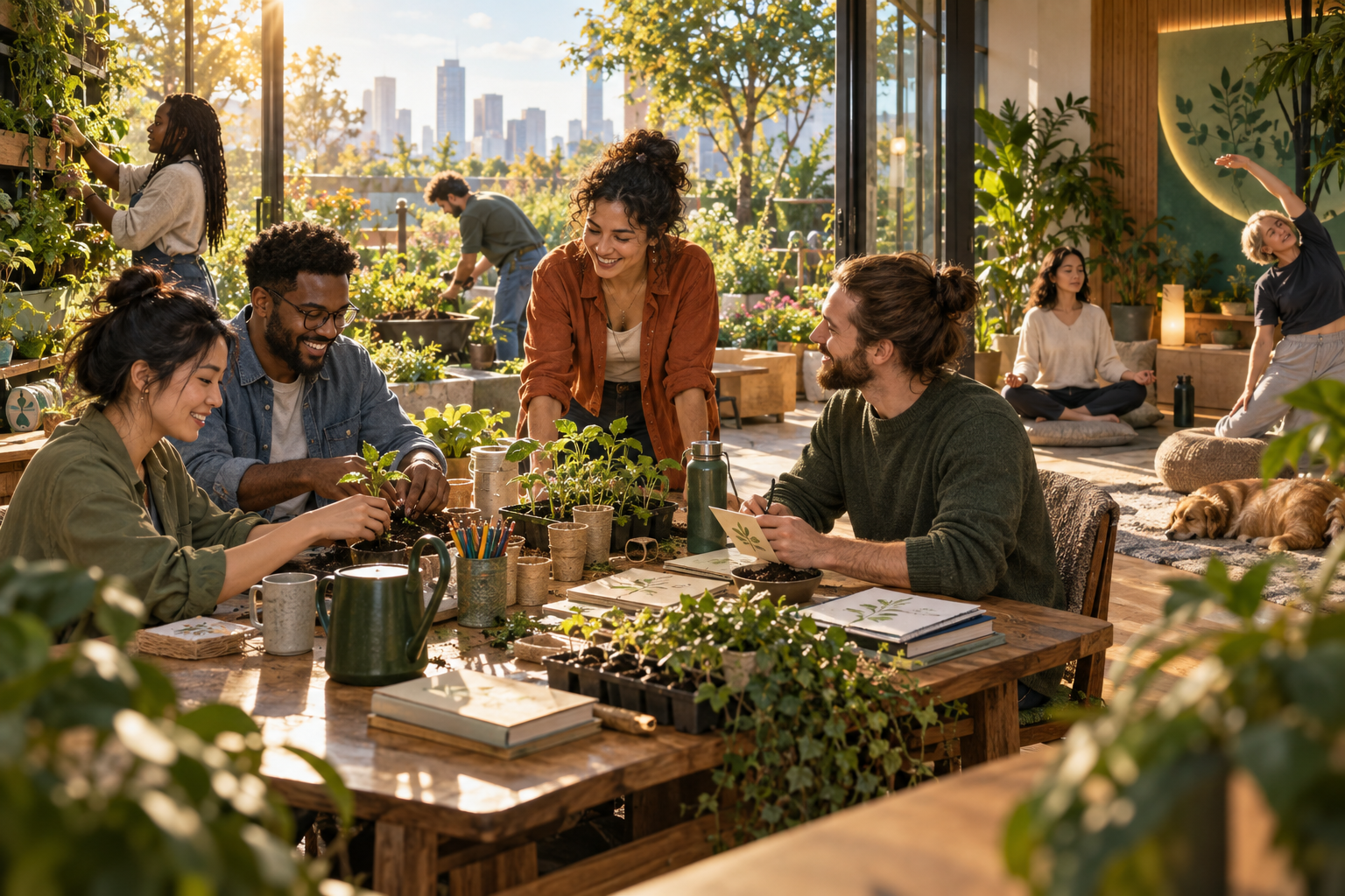 Employees take part in sustainability and well-being activities in an urban garden, transformed into an Energy Card.