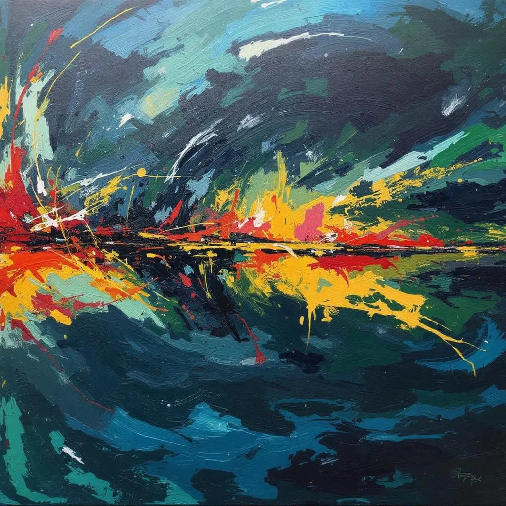 Expressionist artwork created from Renê Pereira’s rowing data, with blue, green, yellow, and red brushstrokes.